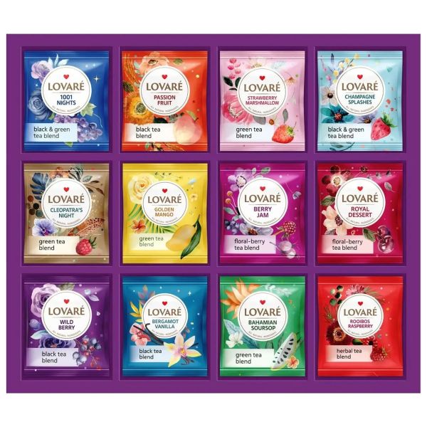 Ассорти чая Ловаре "Цветы и Чай", 60 пакетов, 12 сортов по 5 штук.